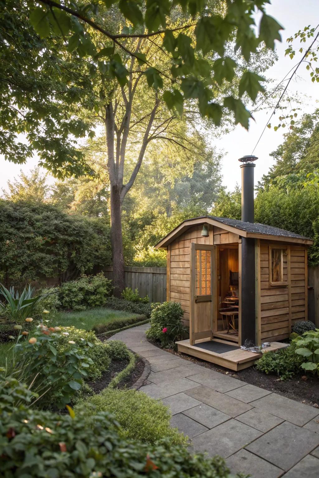 A natural hideaway sauna nestled in greenery.