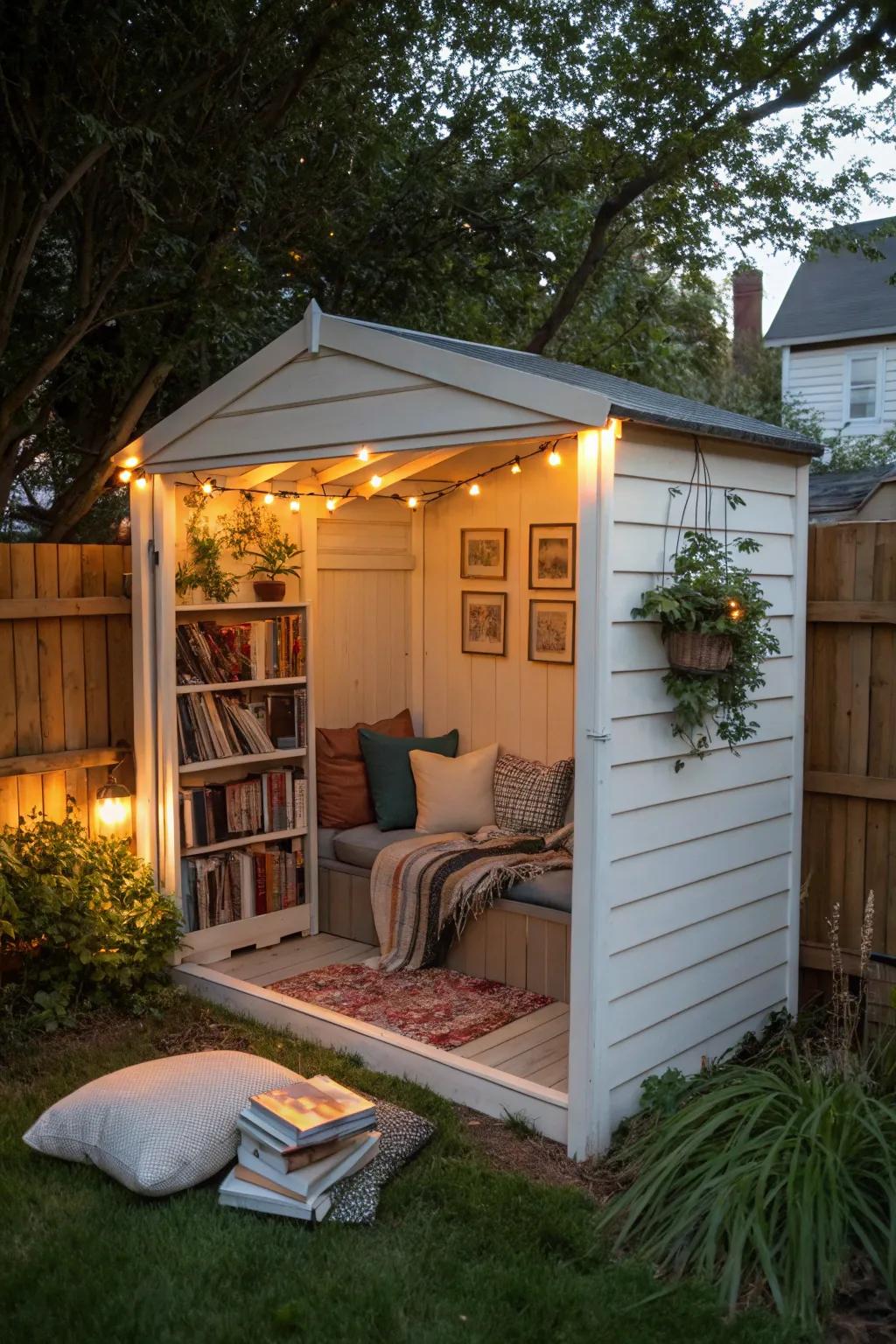 A shed converted into a cozy retreat for reading and unwinding.