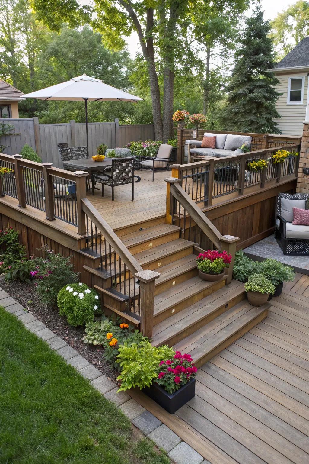 A multi-level deck introduces dimension and personality to any small backyard.