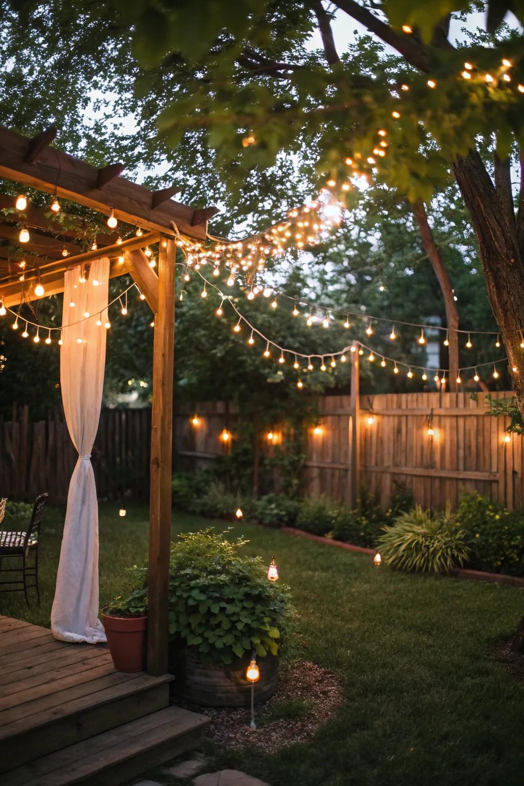 Twinkle lights artfully arranged in a backyard setting.