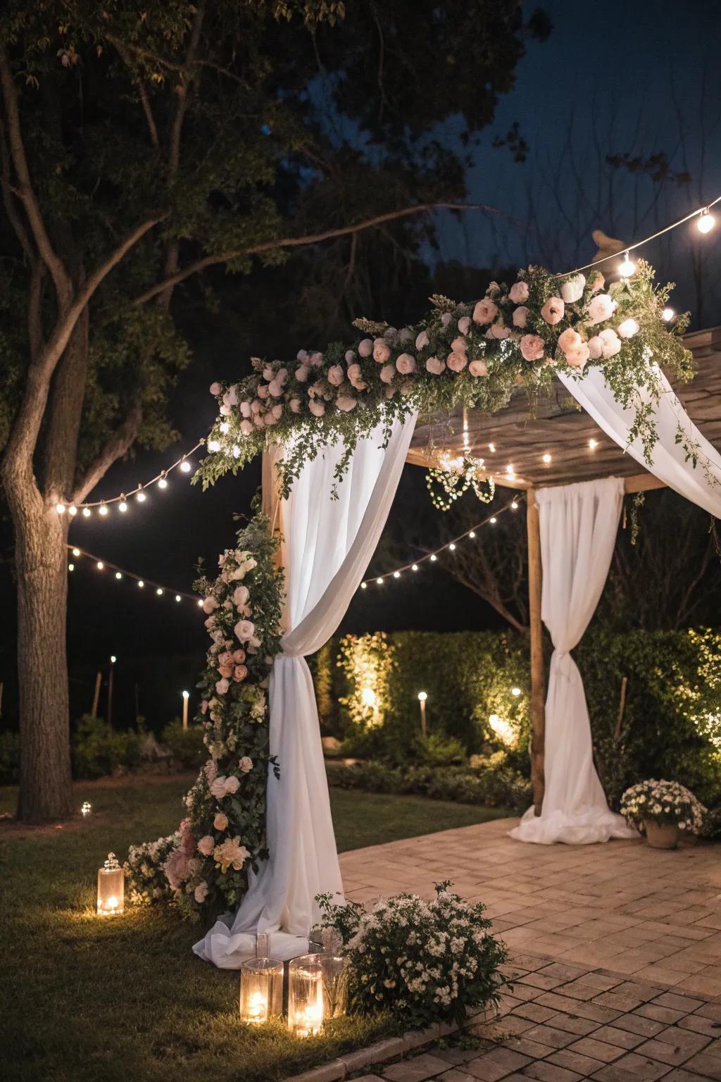 Fairy lights craft an amorous canopy for a backyard wedding, reminiscent of stars above.