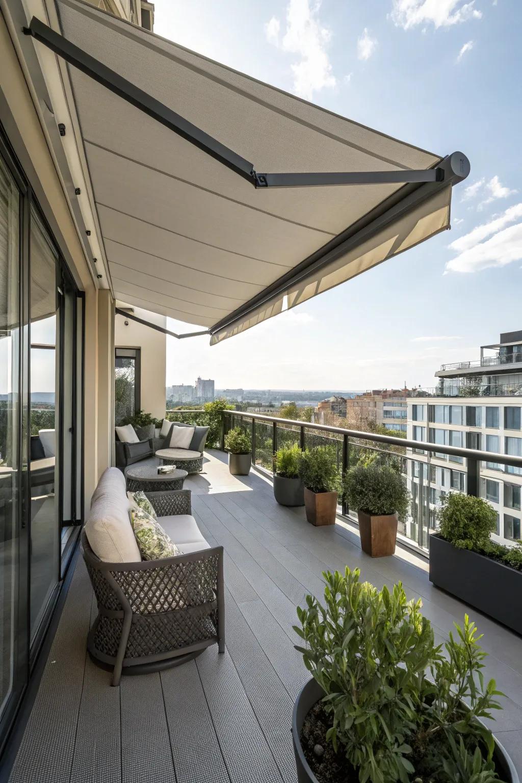A sophisticated retractable shade offering cover to a comfy balcony seating space.