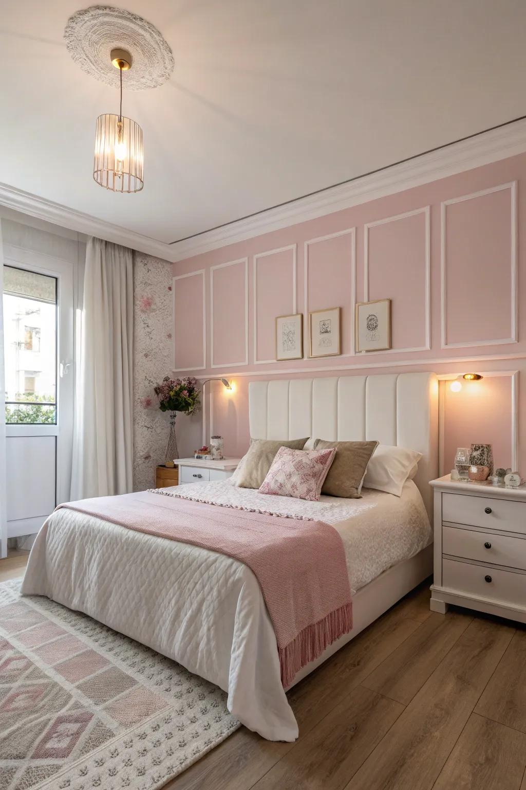 Soft pastel shades provide a serene foundation for a ballet-themed sanctuary.