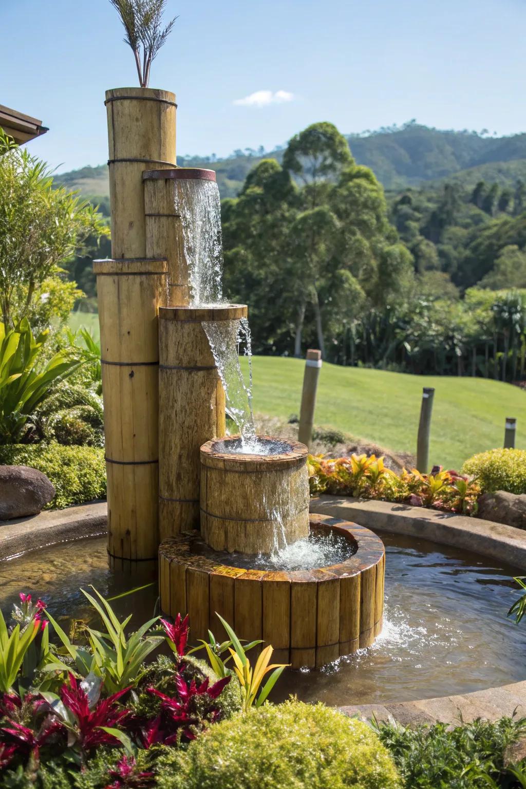 A tiered bamboo fountain with cascading water, nestled beautifully in a garden.