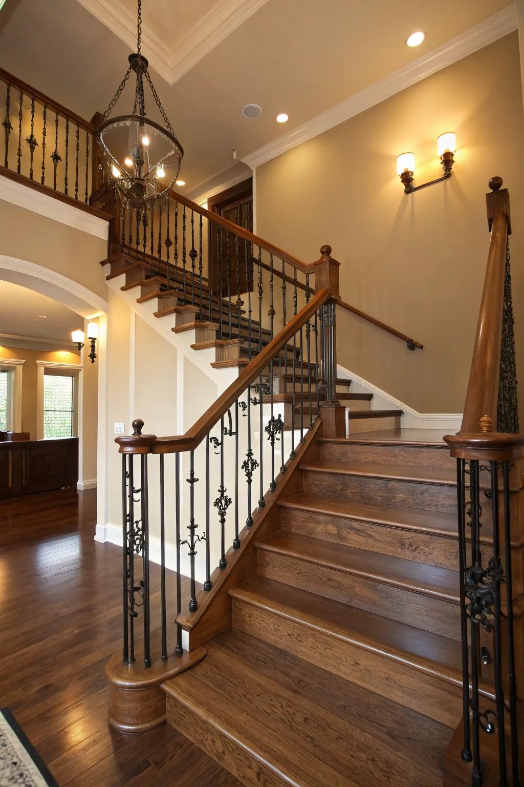An elegant synthesis of wood and metal in a staircase banister design.