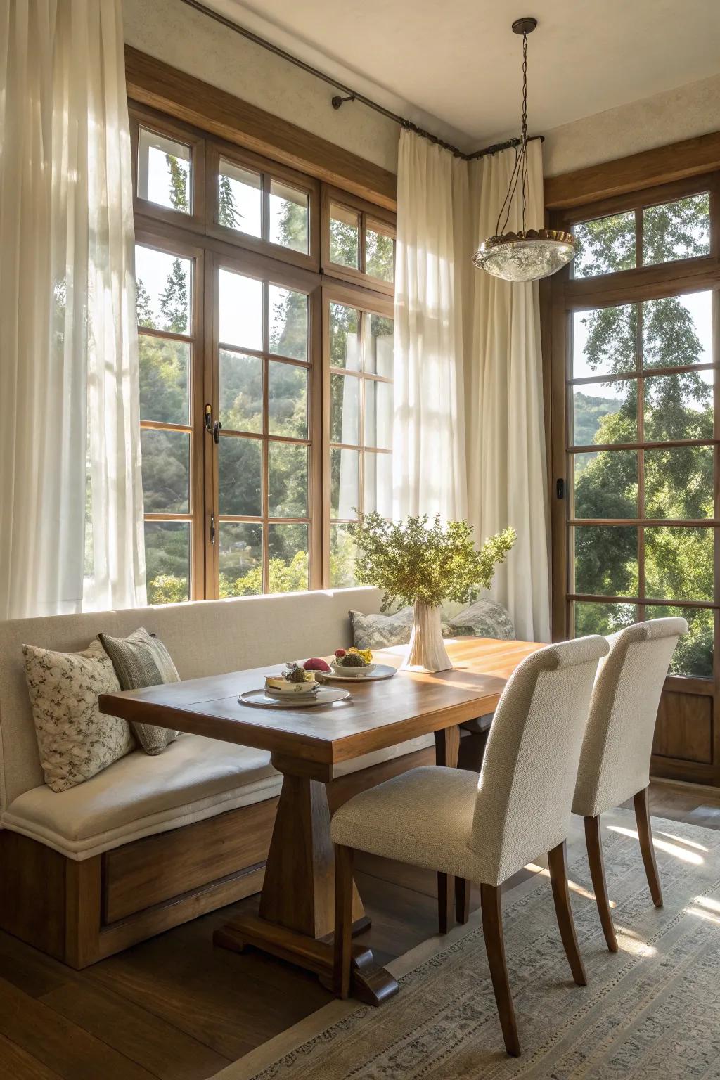 A sunlit dining area featuring banquette seating snuggled against a broad window.