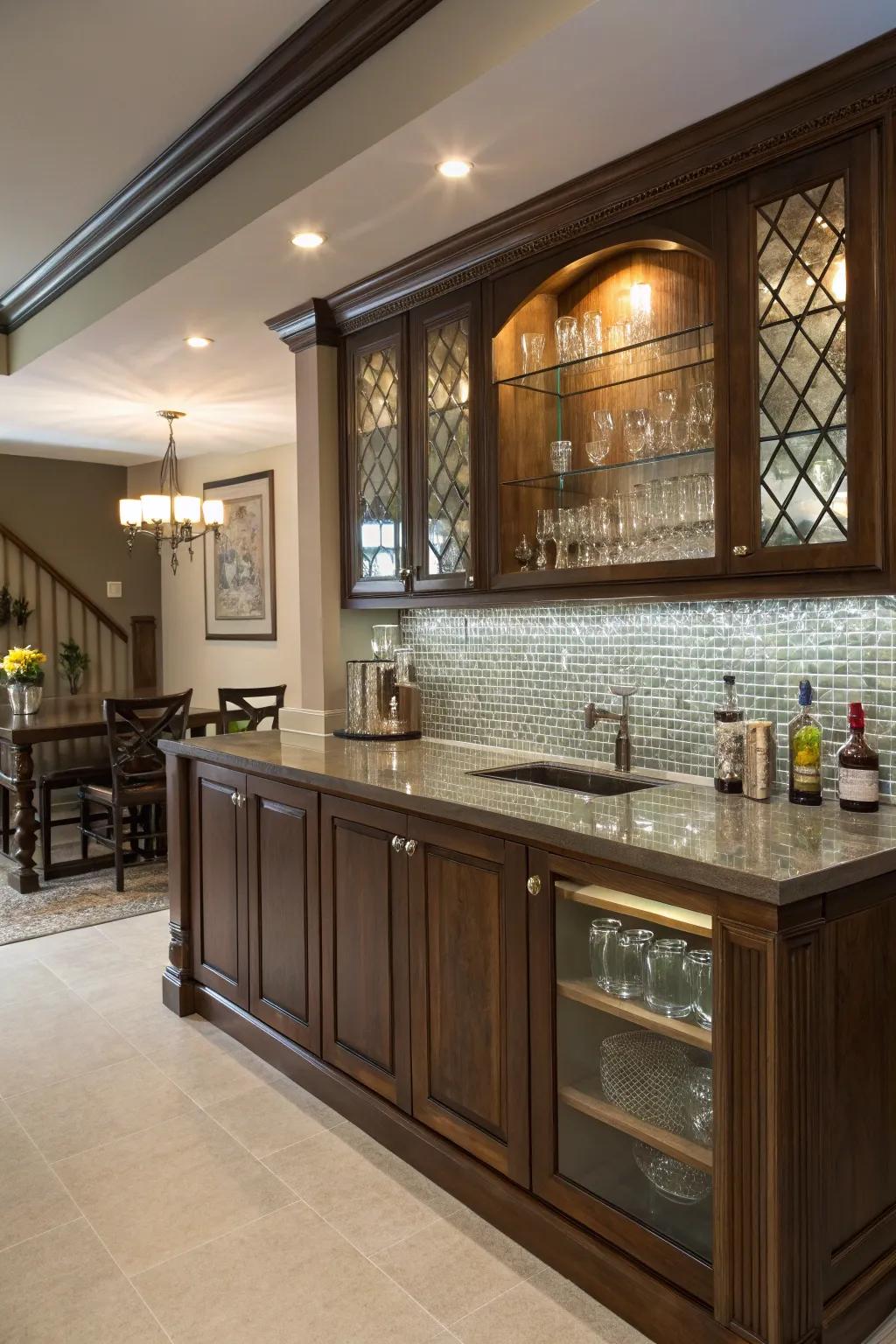 An elegant home bar featuring a radiant glass panel backsplash.
