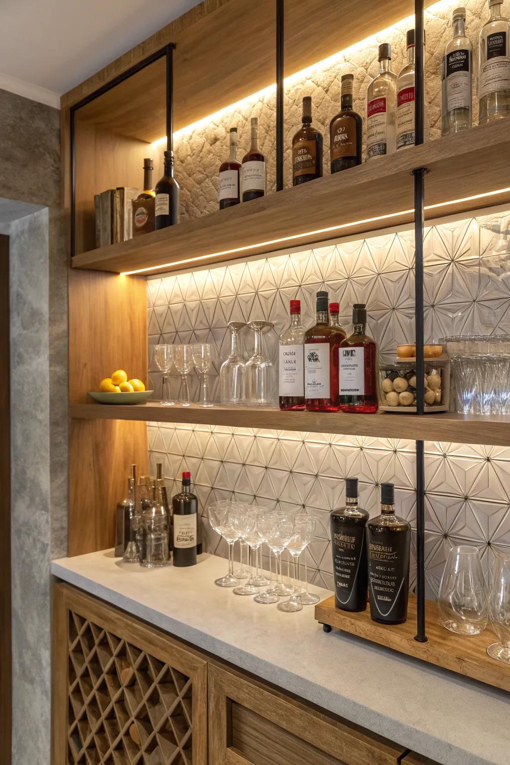 Exposed shelving provides both style and ease of access to your bar.