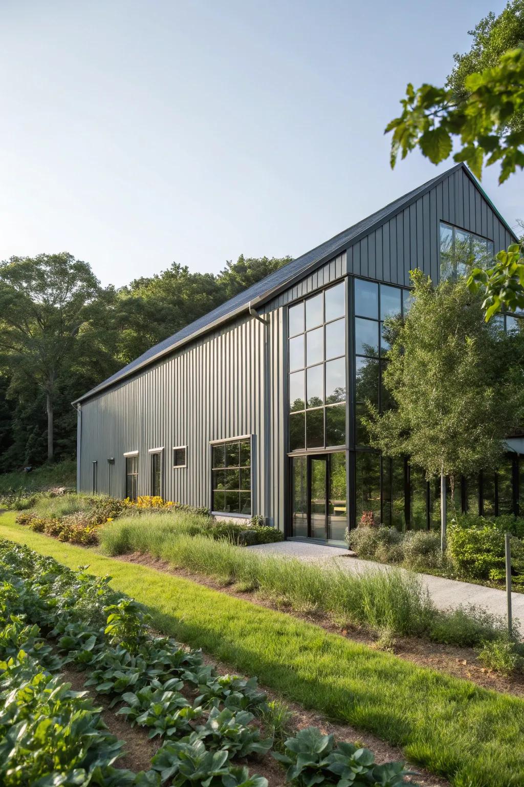 A contemporary barn displaying striking architectural elements and a minimalist style.