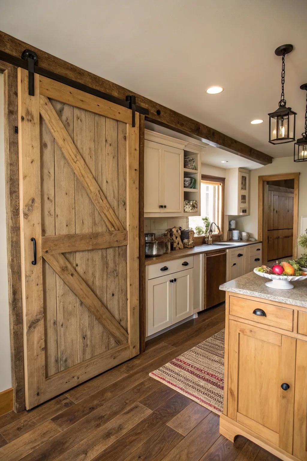 A rustic kitchen featuring a sliding barn door pantry constructed from natural wood.