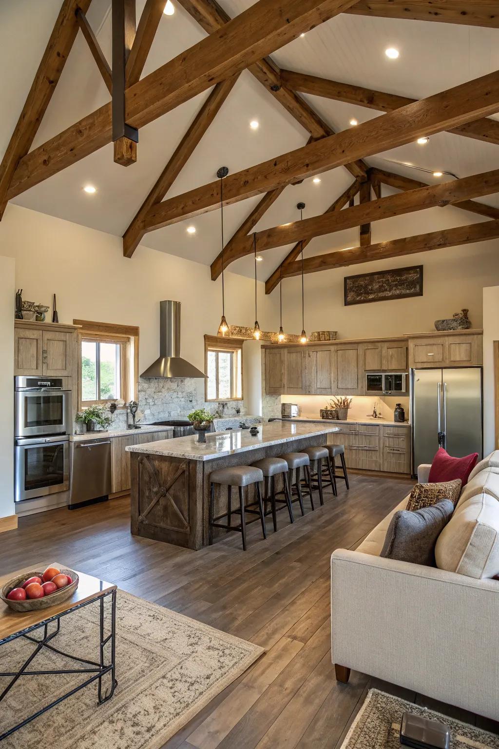 A spacious layout elegantly connects the cooking area with living zones.