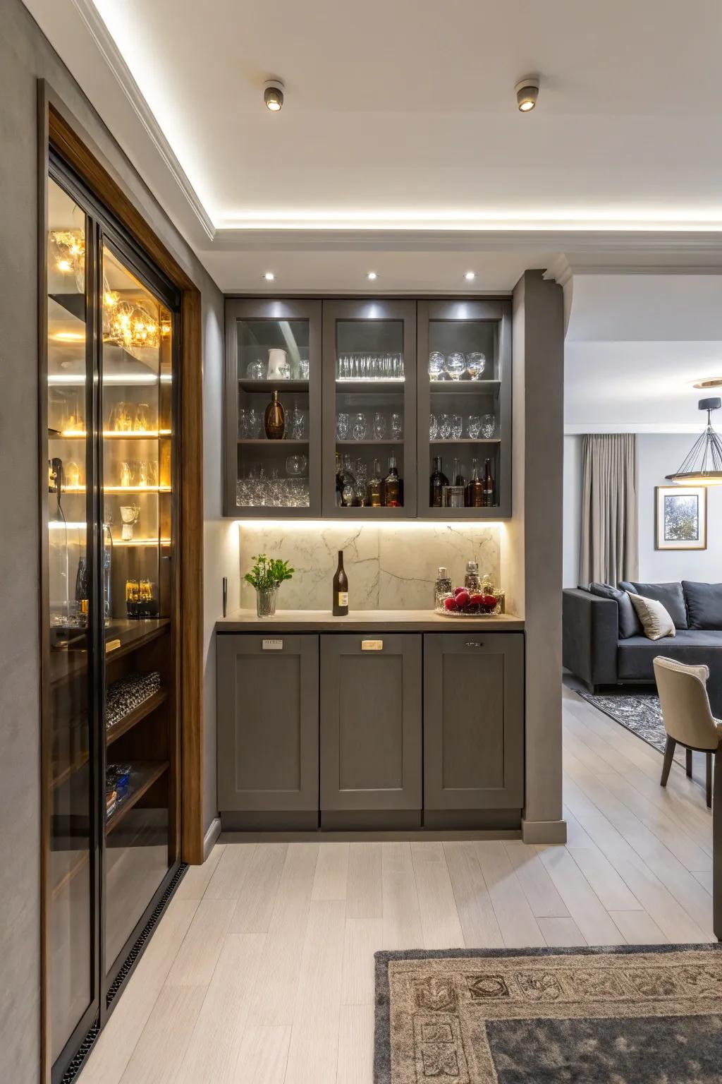 A refined built-in bar that optimizes space and enhances style in a snug apartment setting.
