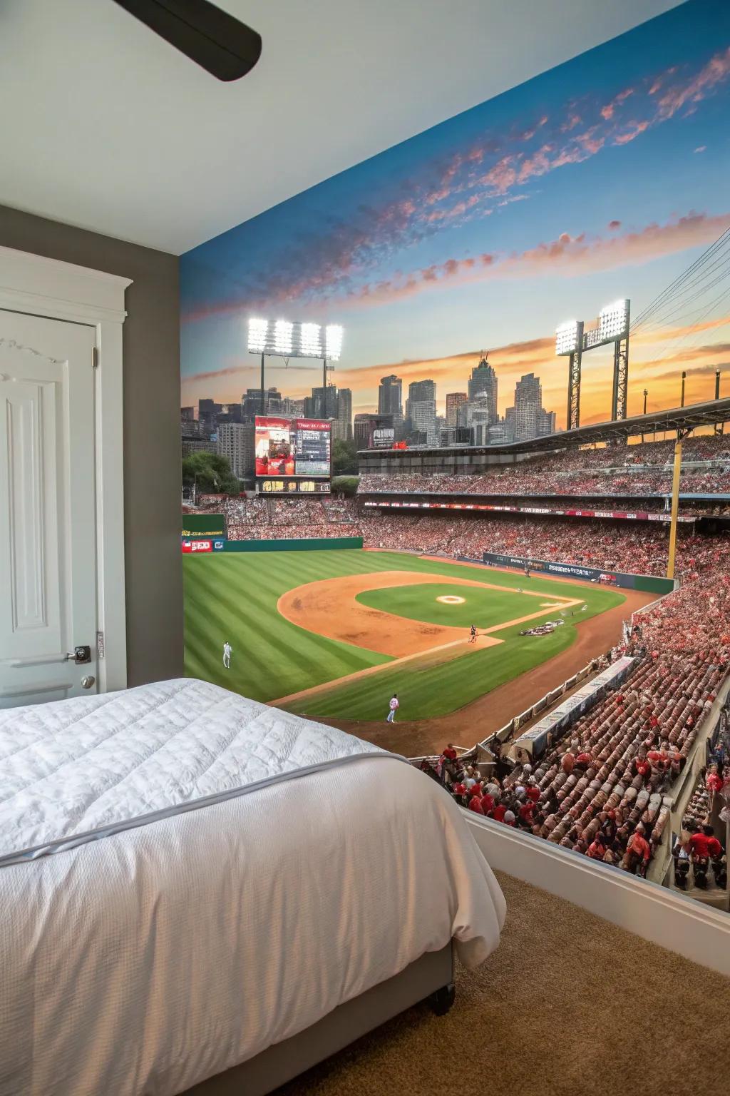 A mural depicting a baseball field instantly transforms the room, creating a captivating focal point.