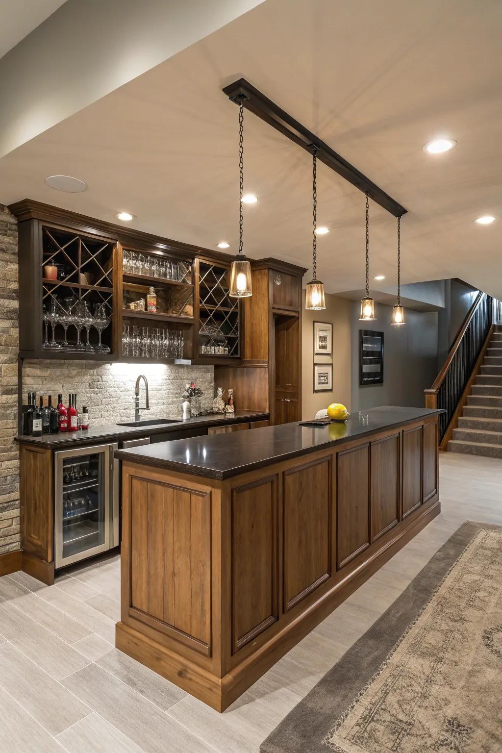 A contemporary basement bar design showcases timber and metal for a stylish aesthetic.