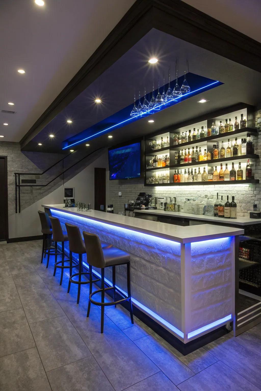 Lumiflex strips give your basement bar a modern twist.