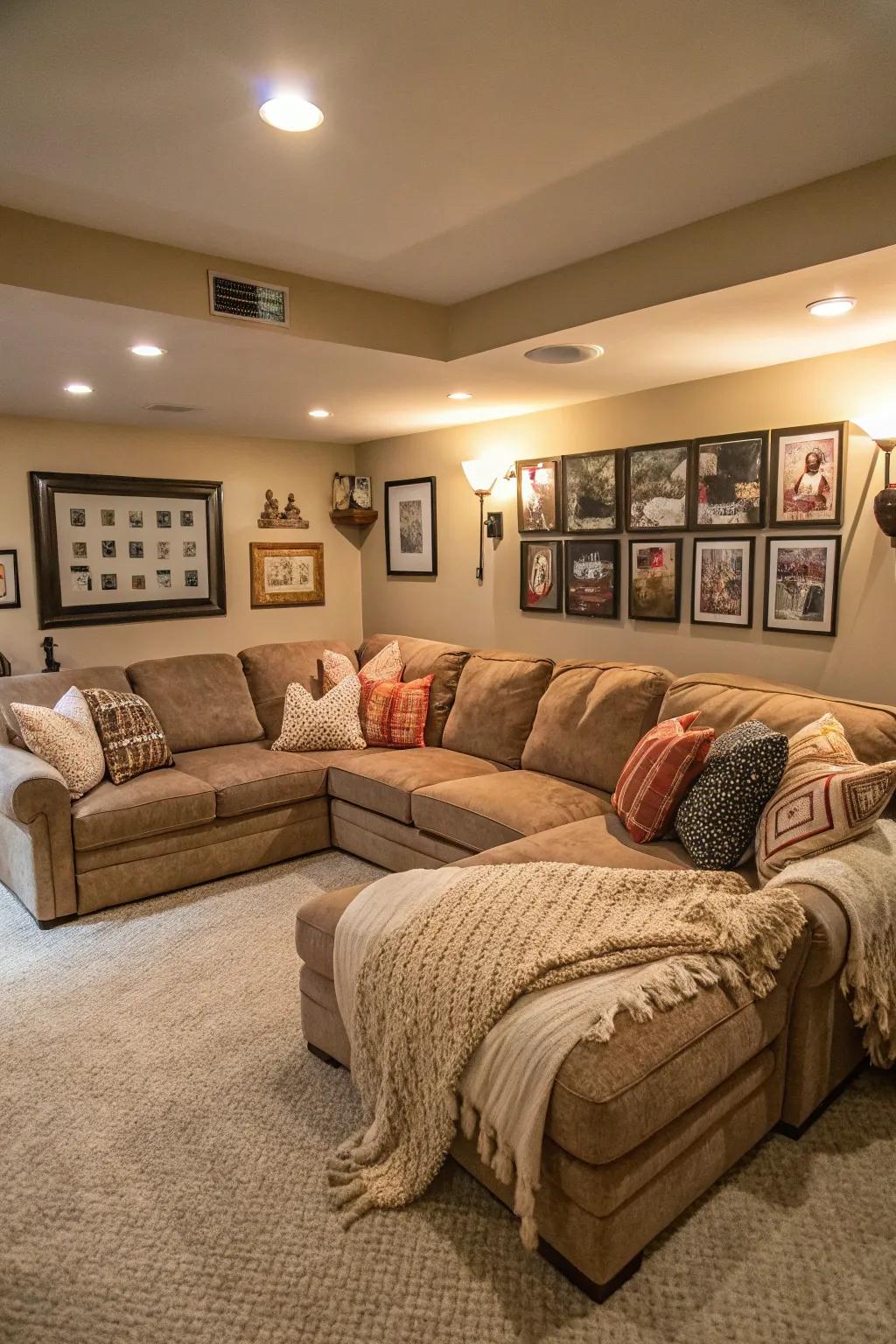 A large sofa grounds this welcoming basement family area.