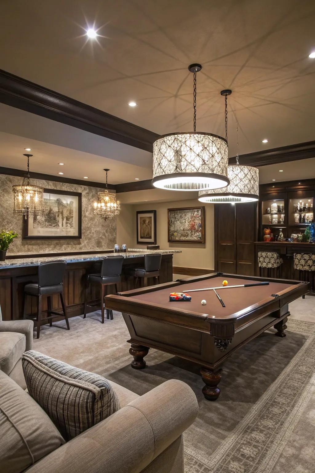 A billiard table acts as the quintessential centerpiece for any game room.