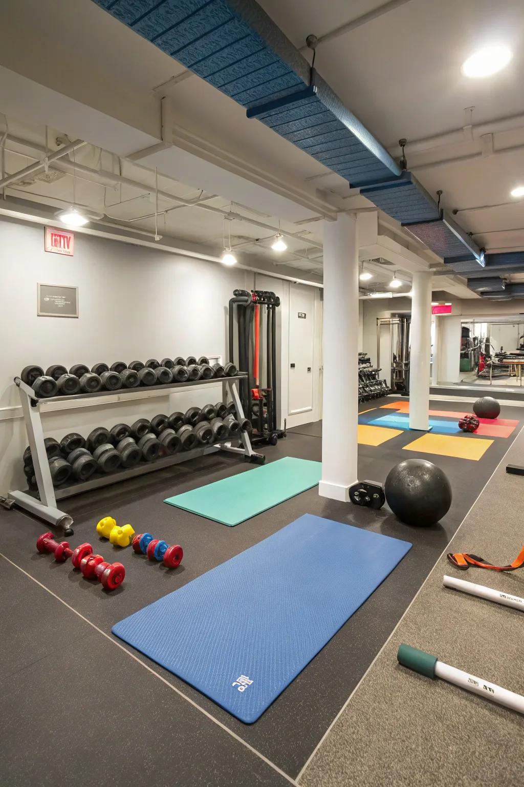 Set up distinct areas for varied exercise forms in your basement fitness zone.