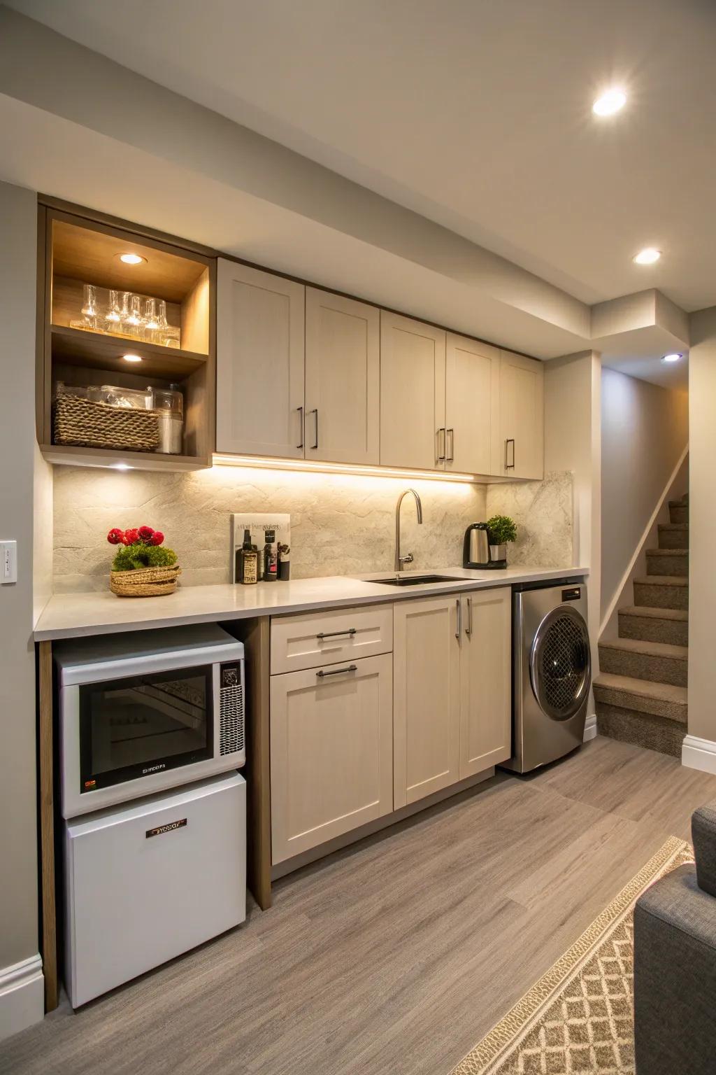 A single-wall design provides a streamlined and efficient layout for smaller areas.