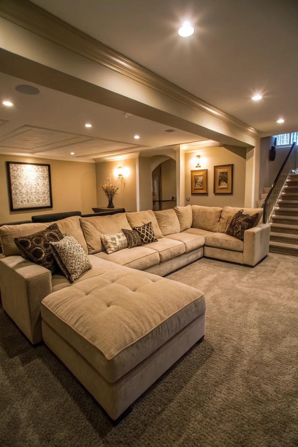 A curved sectional sofa provides ample seating for family and friends in your media room.