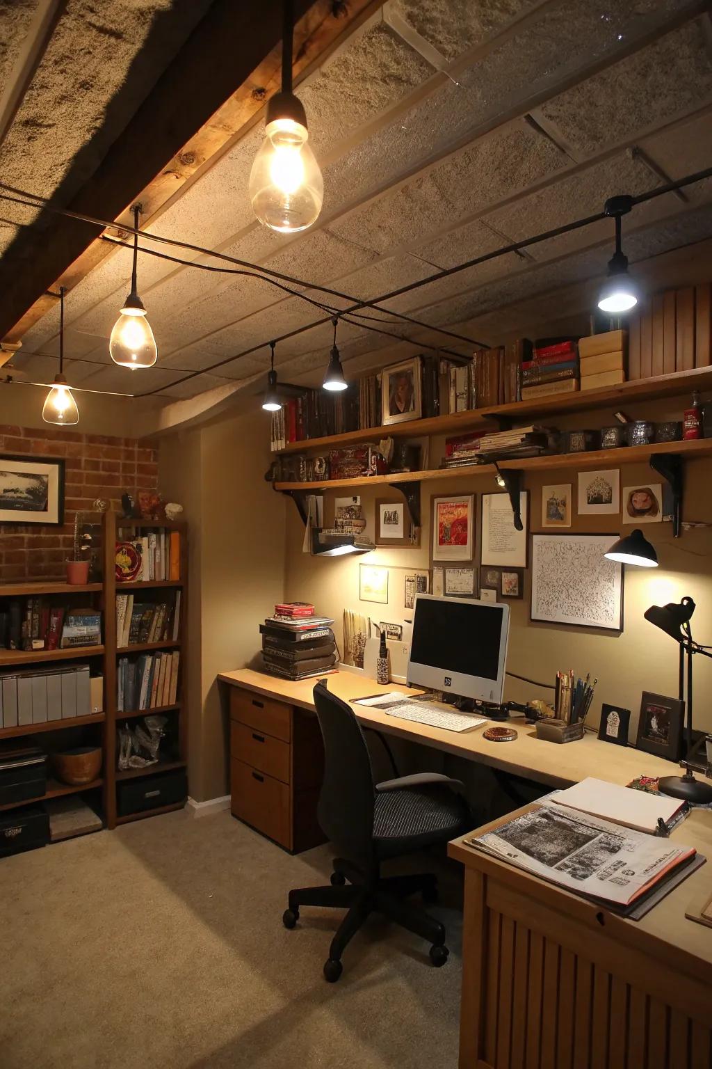 Different types of lights can turn a basement without windows into a bright and cozy office.