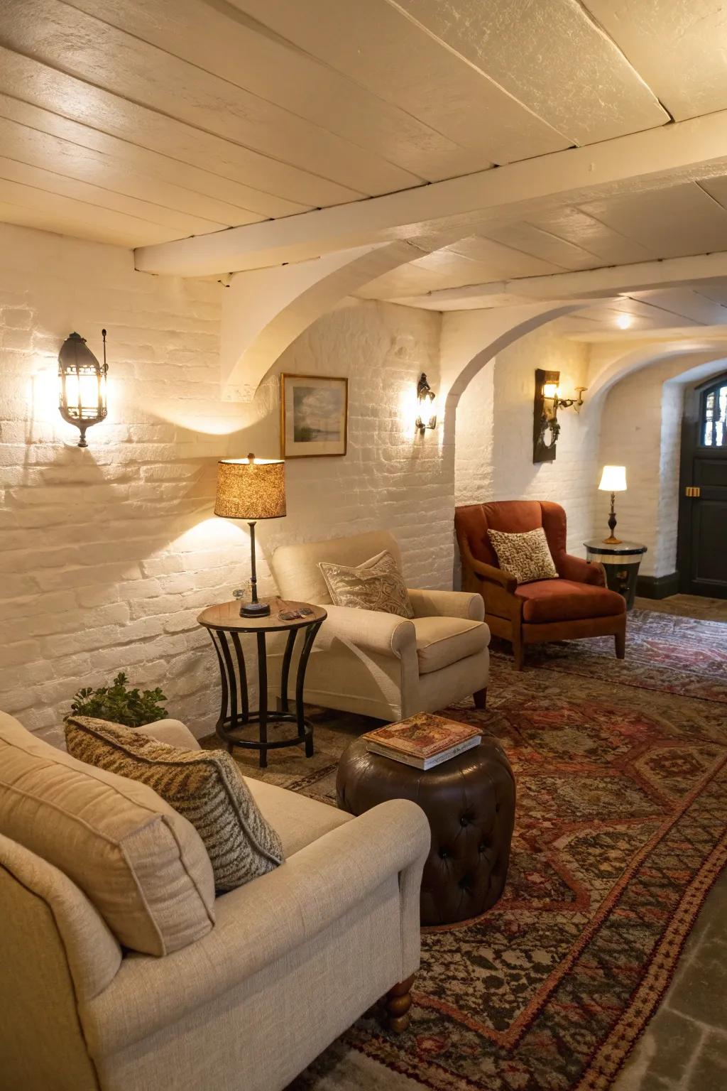Ivory-toned walls create an inviting atmosphere in this basement.