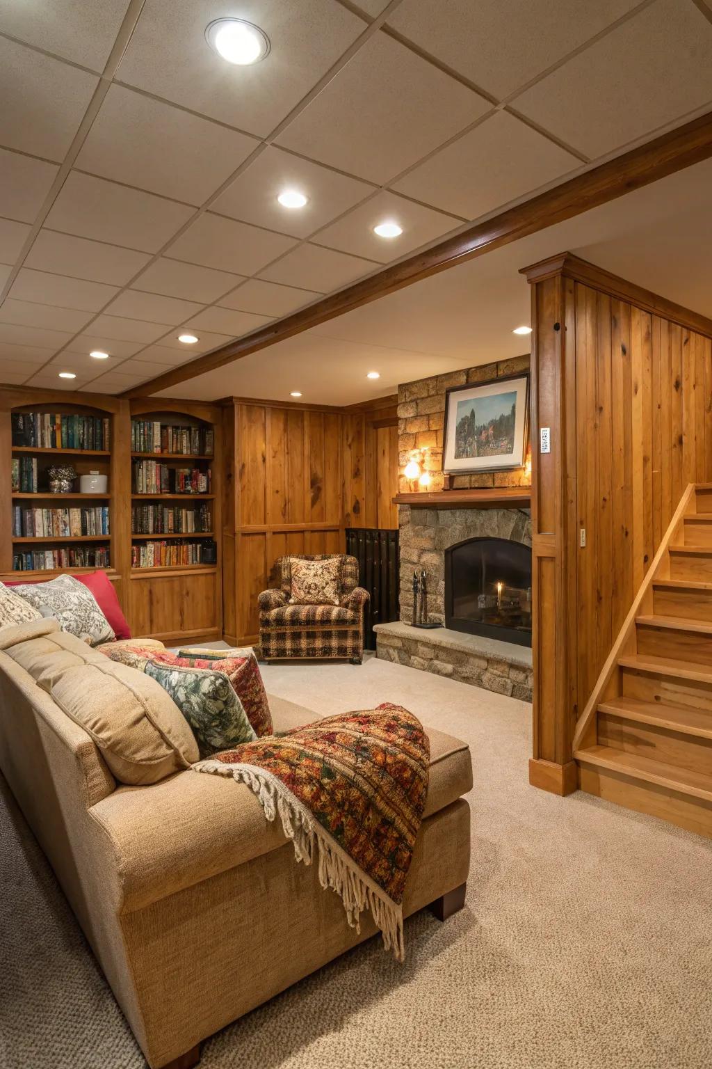 Natural wood paneling gives warmth and an inviting feel to any basement.