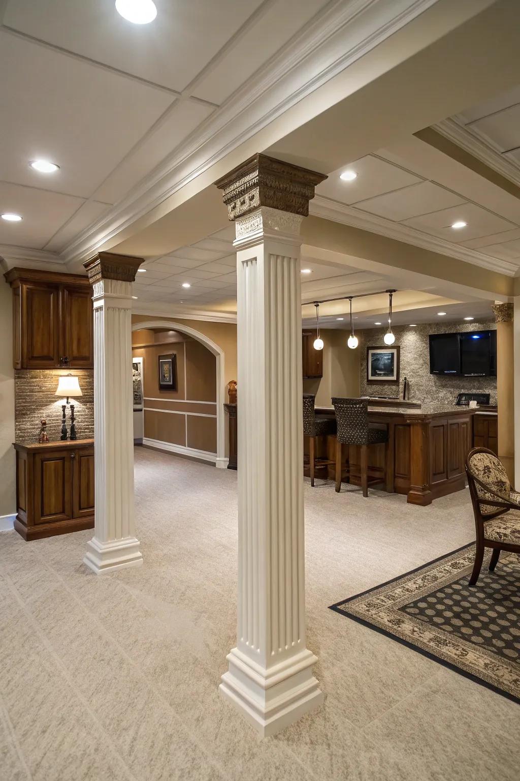Elegant ornamental pillars replace standard basement poles.
