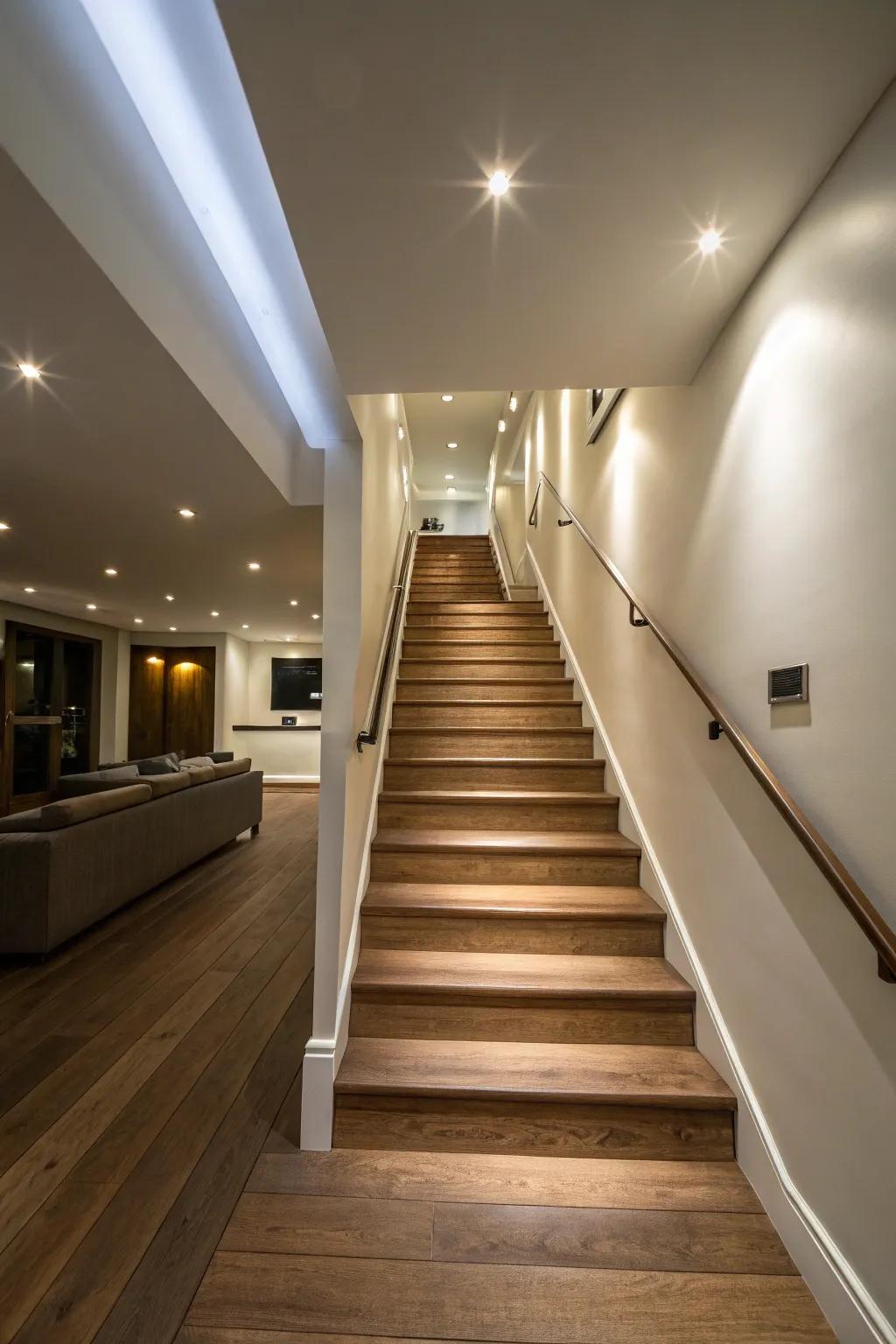 Bring a modern feel to your basement steps through concealed lighting.