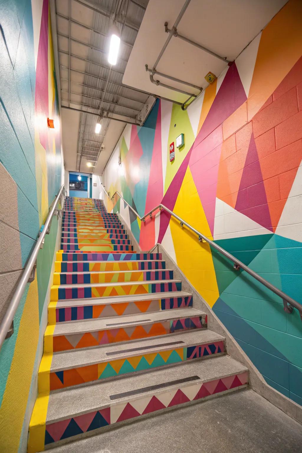 Vibrantly painted steps introduce an animated element to the basement.