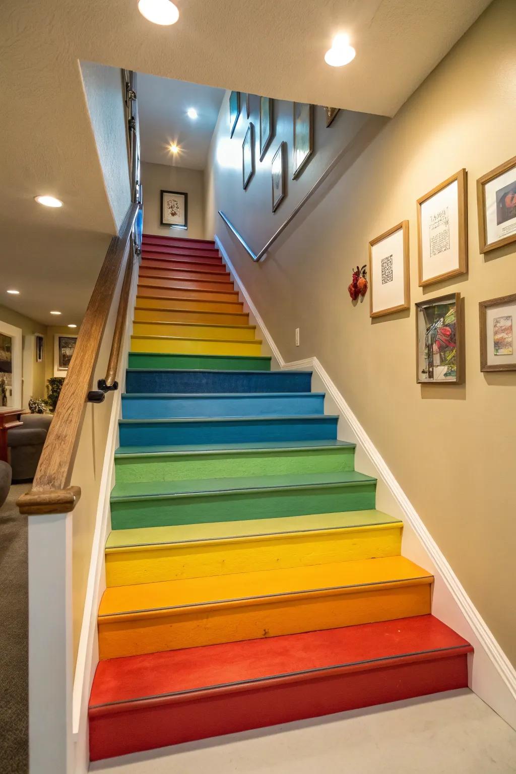 Inject vibrancy into your basement steps with painted risers.