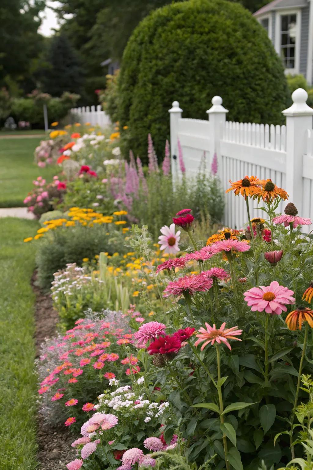 A vibrant flower bed is bursting with seasonal colors.