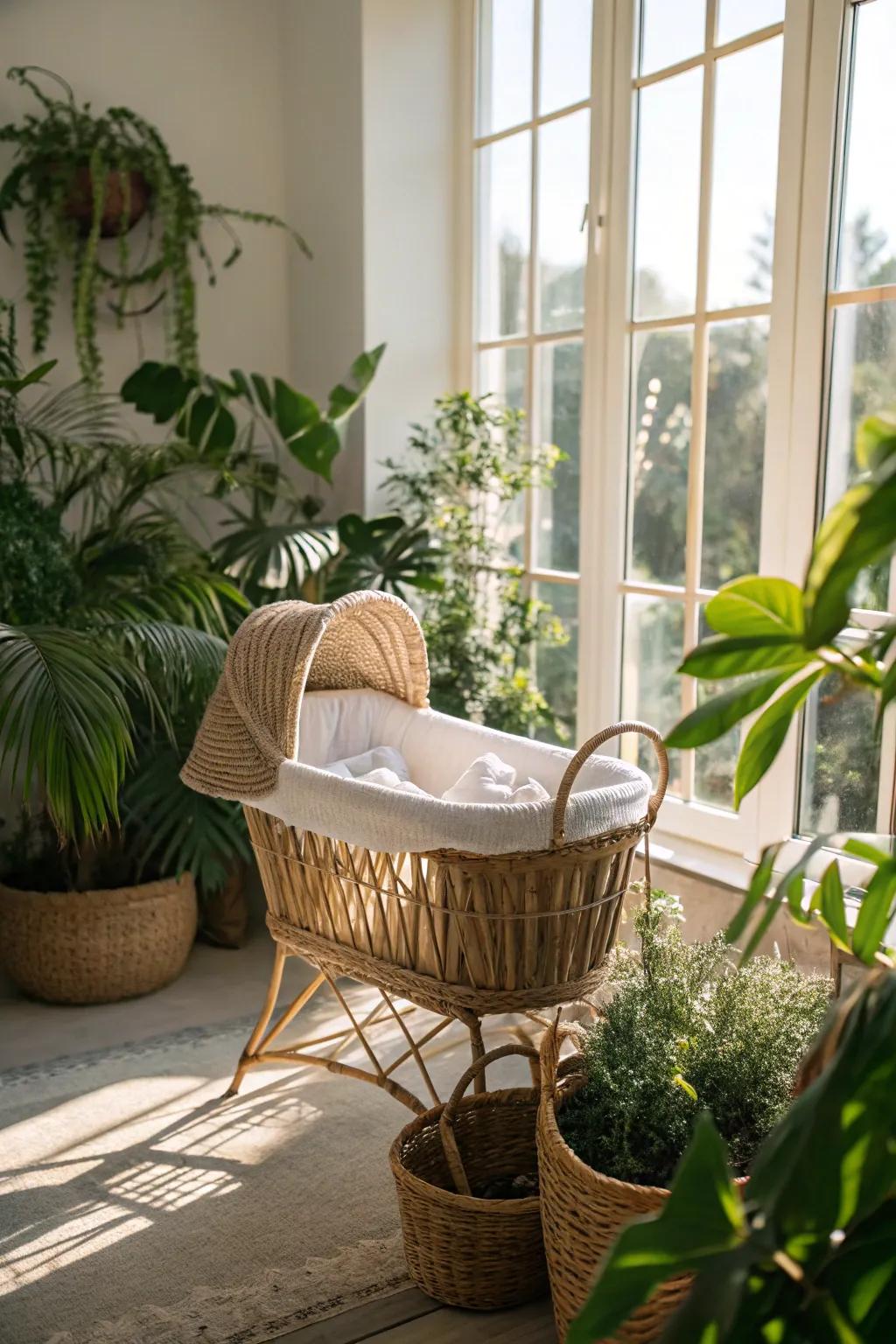 A charming rattan baby bed infuses the nursery with a touch of nature's beauty.