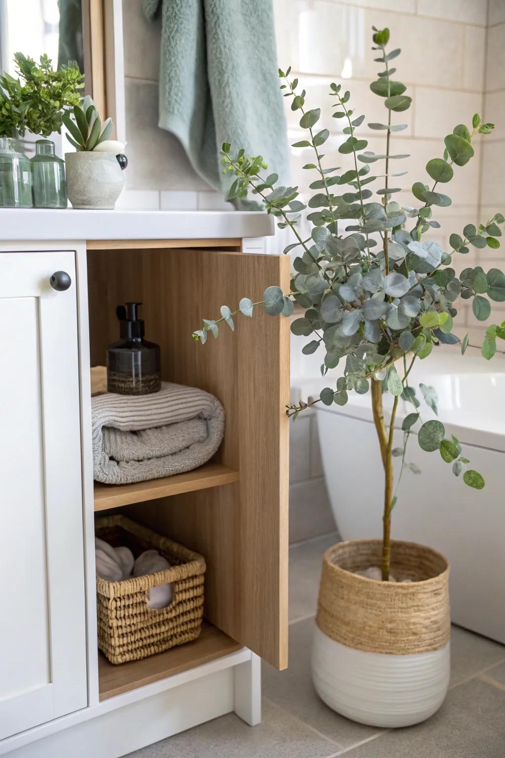 Greenery adds vitality to your bathroom cabinet.