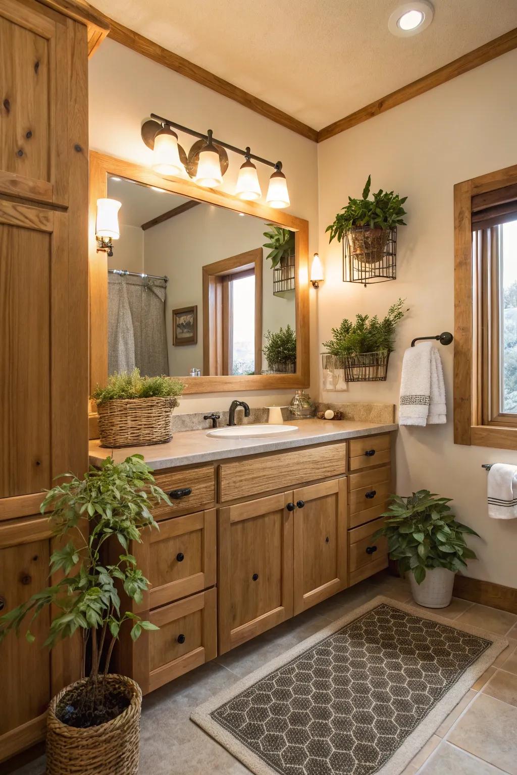 Cabinets of natural wood infuse warmth and refinement into any bathroom.