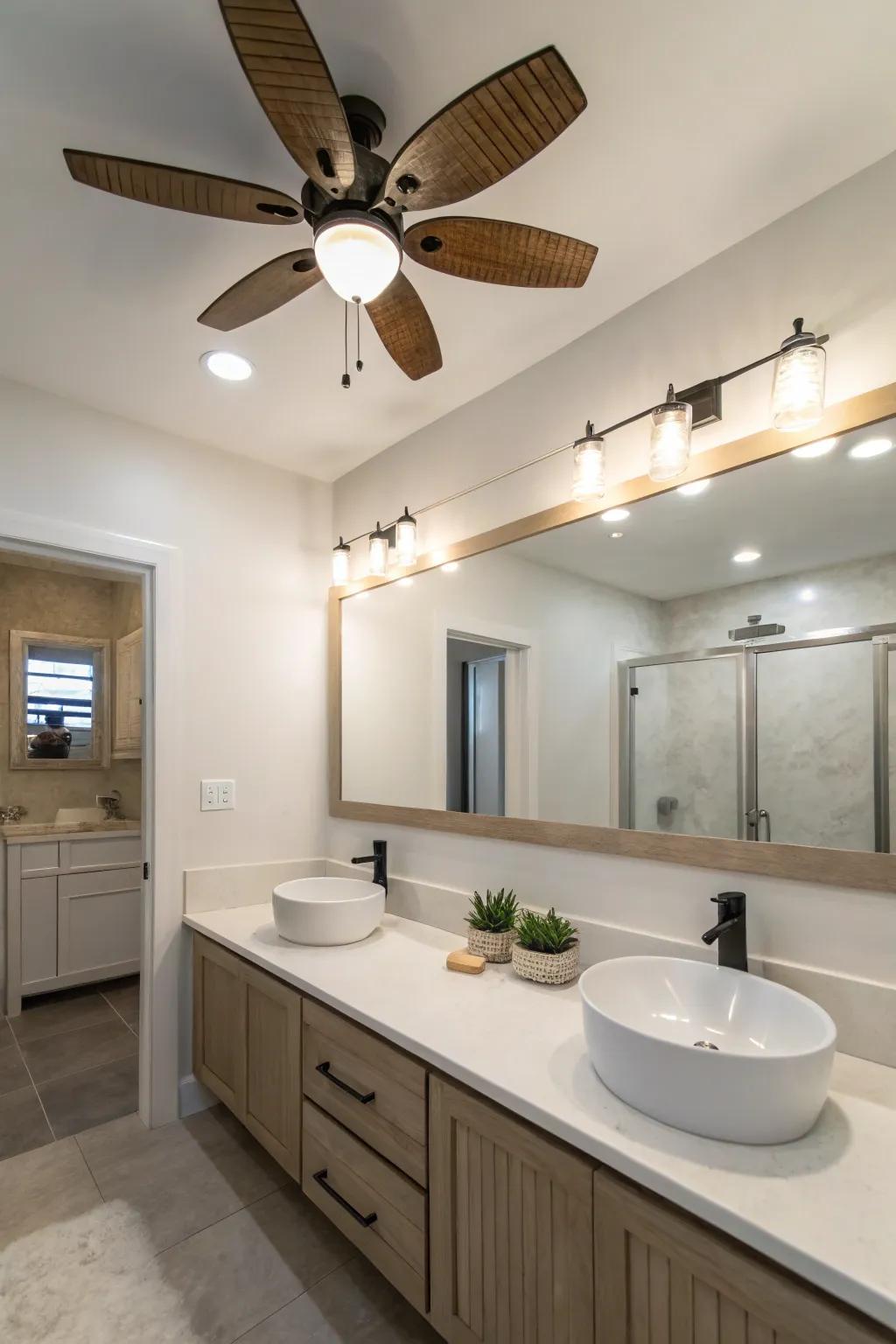 A simple ceiling fan with a light in a bathroom designed with minimalism in mind.