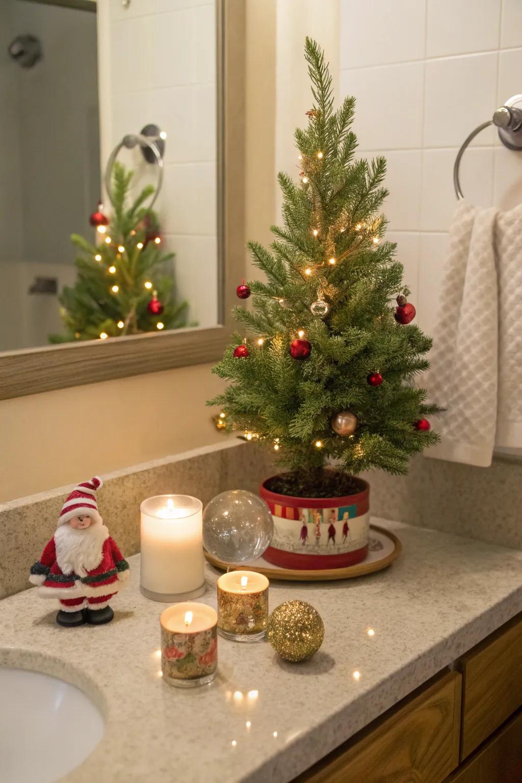 A charming miniature Christmas tree brings holiday joy to this bathroom nook.