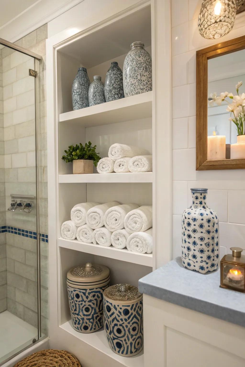 Open shelving showcasing neatly arranged towels and elegant decorative elements.