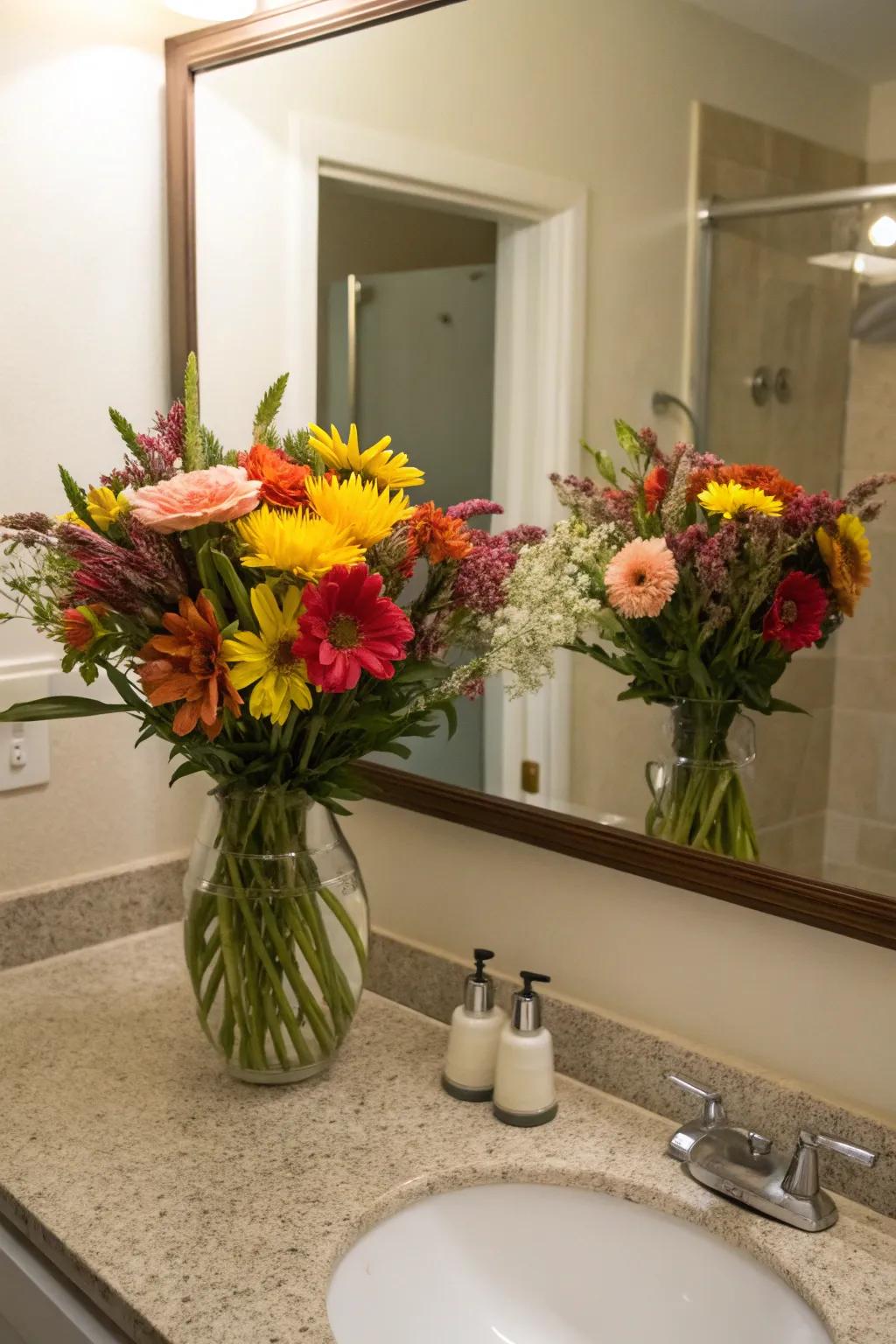 Elevate your mornings with a vibrant floral display on your bathroom counter.