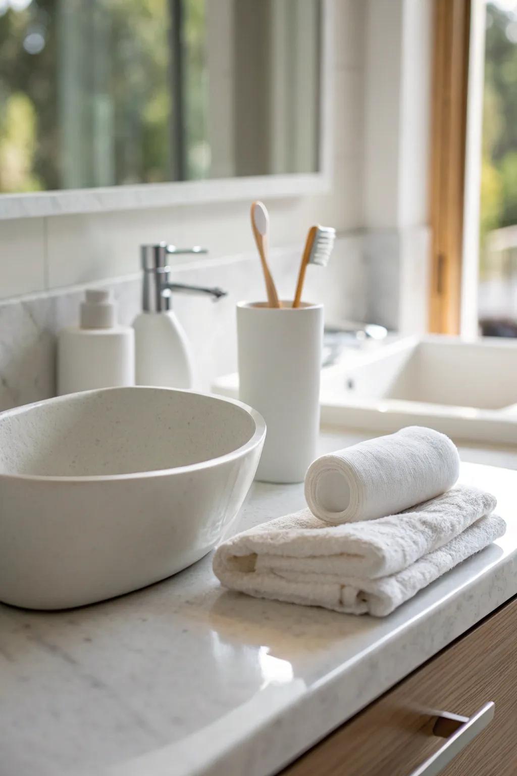 Uncomplicated beauty: a minimalist arrangement for a bathroom countertop.
