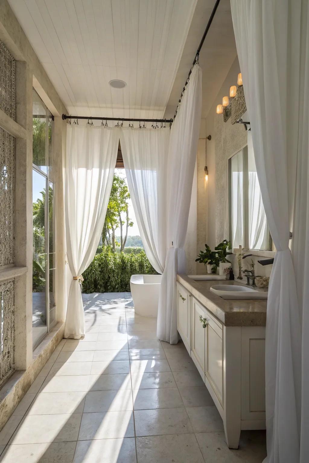 Timeless sophistication is exemplified by traditional white coverings in a restroom environment.