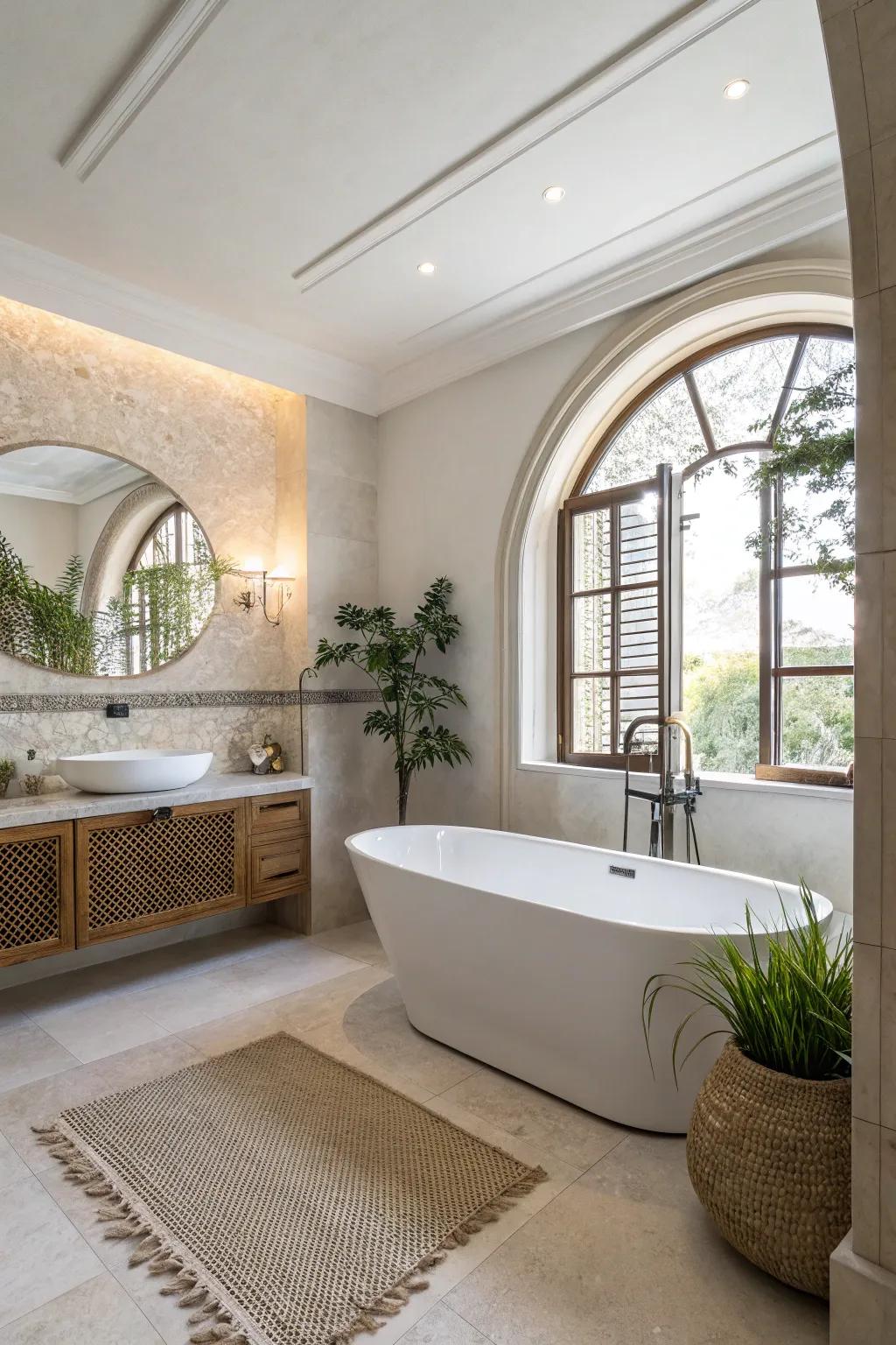 An elegant bathroom showcasing a stand-alone soaking tub as the focal attraction, embodying luxury and tranquility.