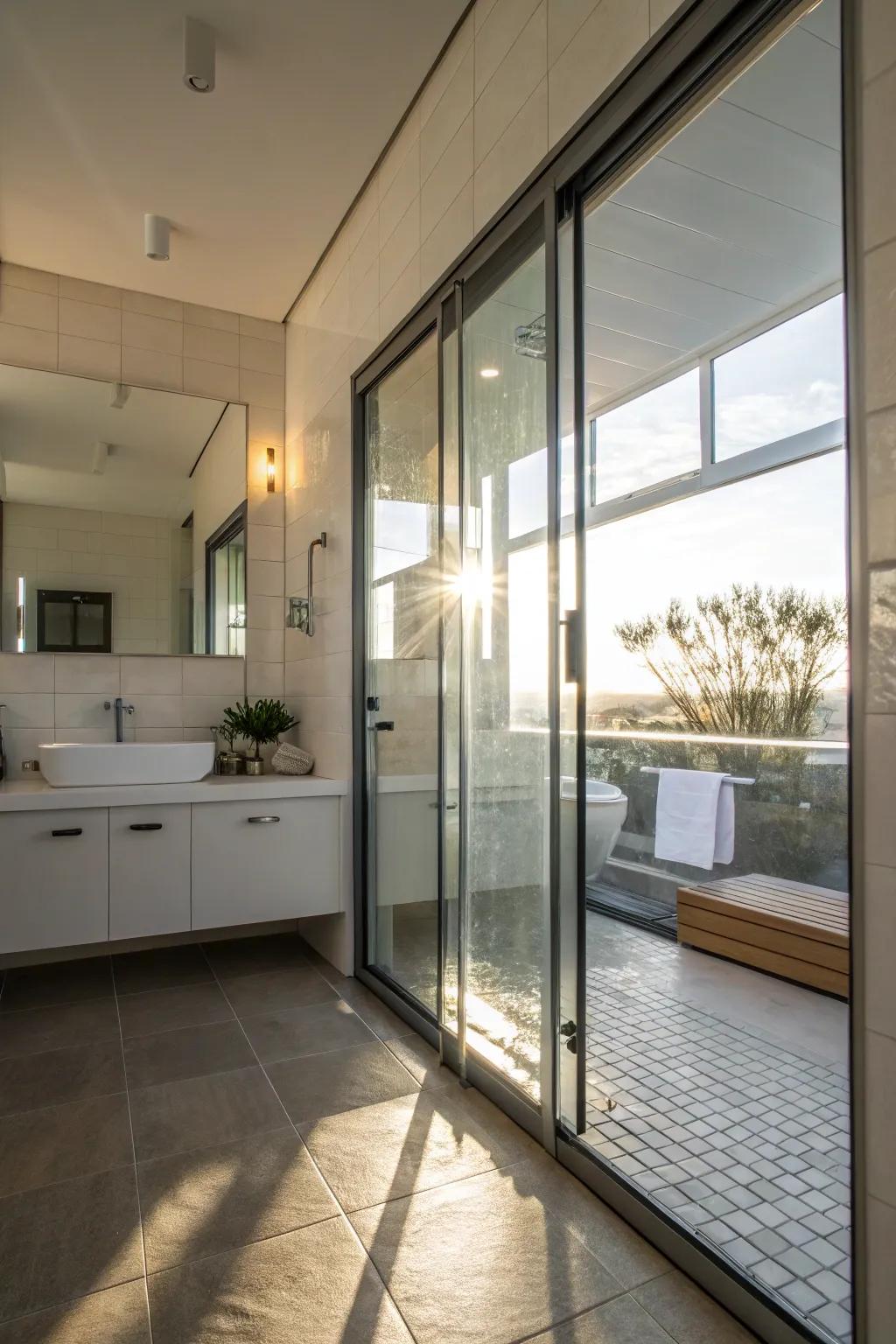 Glass entrances boost light and space in a contemporary bathroom.