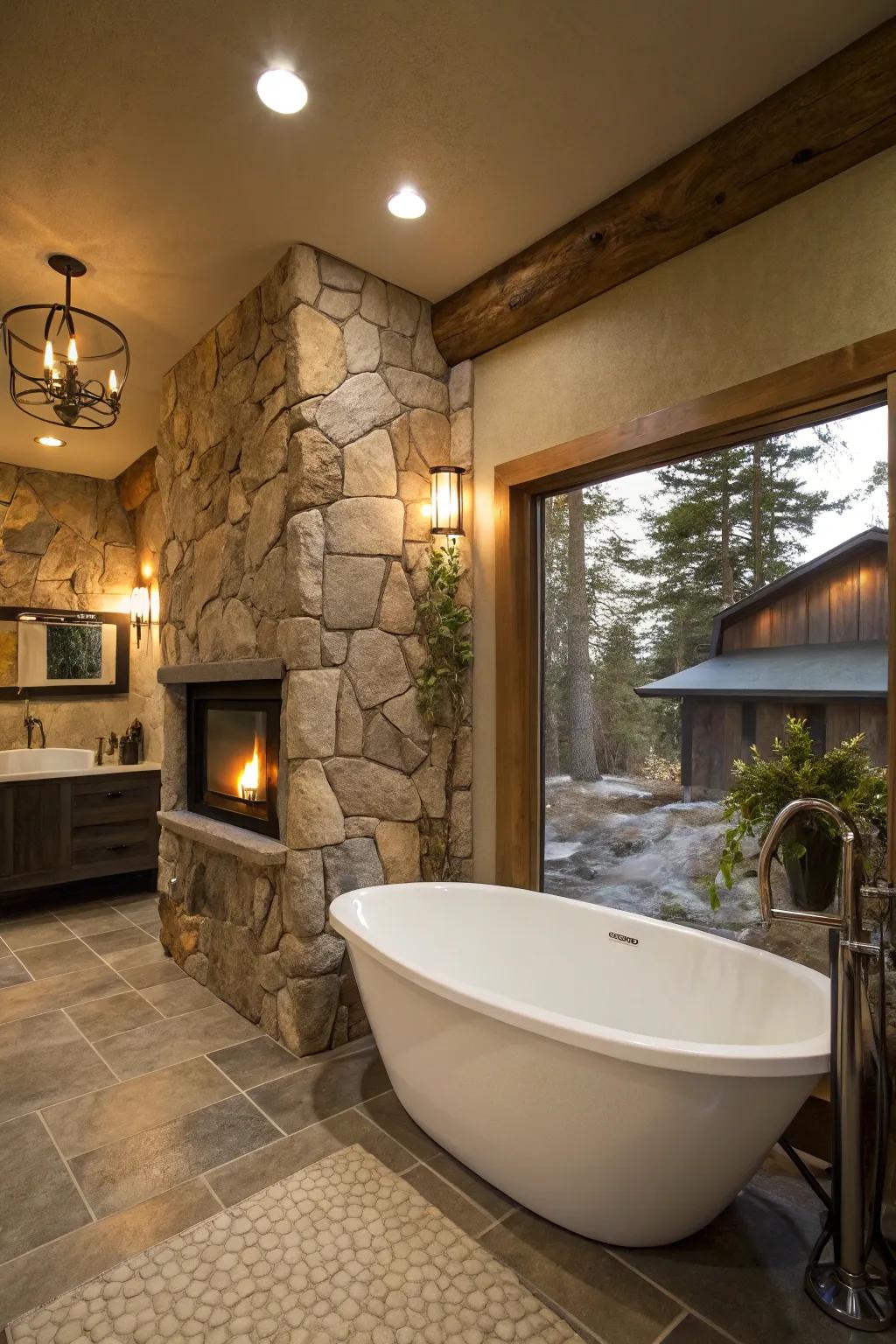 An unattached bath gracefully paired with a contemporary hearth, promising the utmost in serenity.
