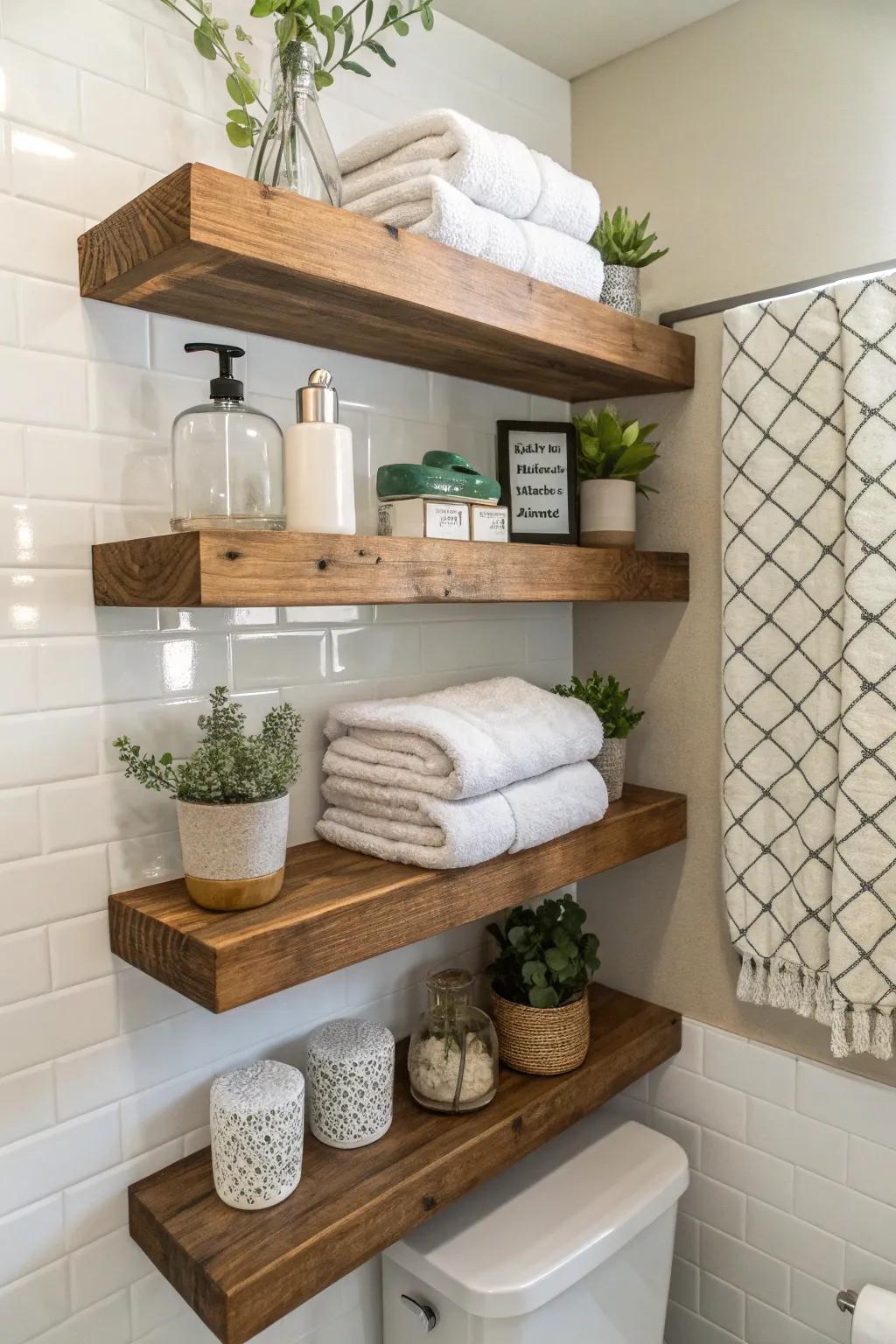 Elevated shelves are a chic and useful way of showcasing hand towels.