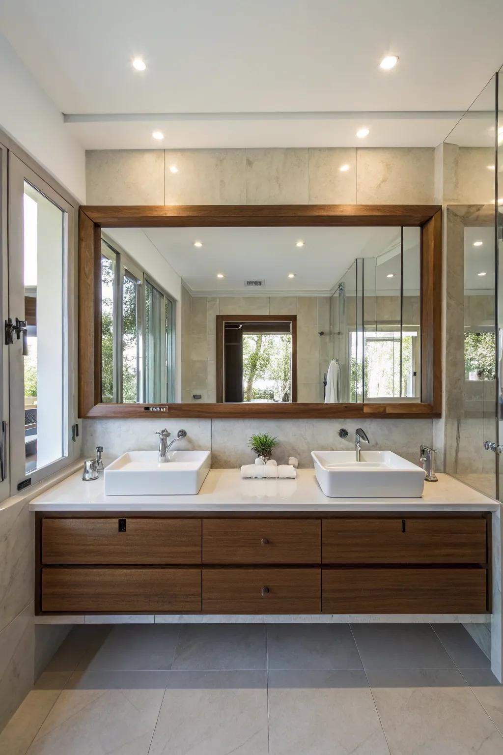 A large mirror over a double vanity provides a sense of unity and spaciousness.