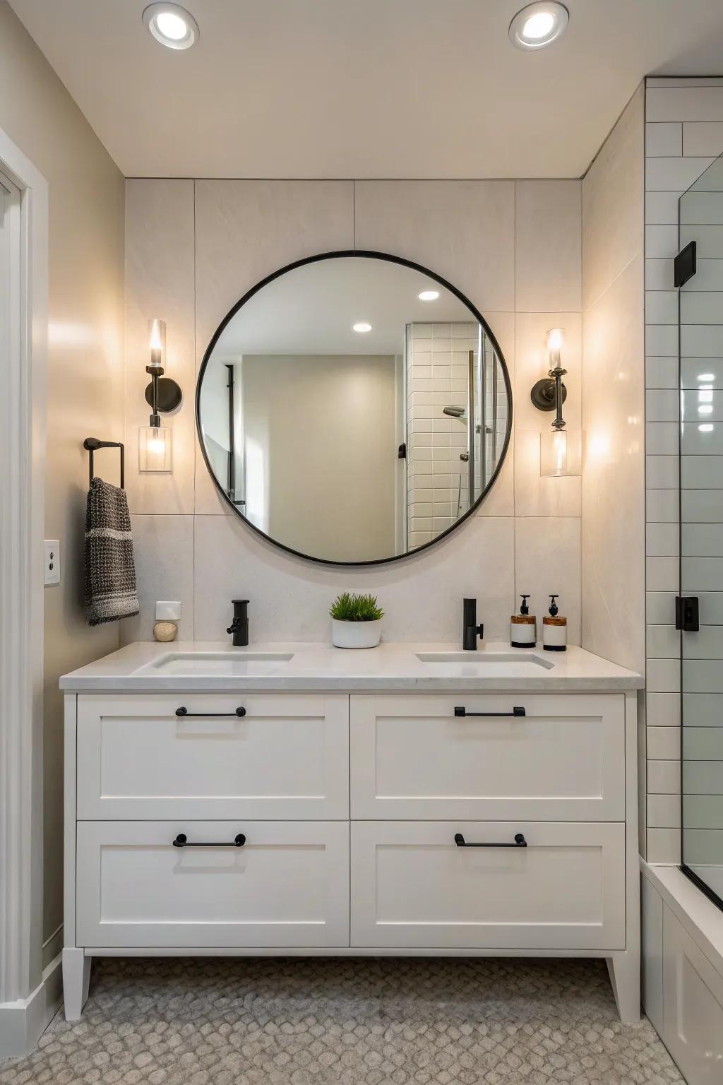 Pair of wall lights surrounding a mirror creates a balanced lighting effect.