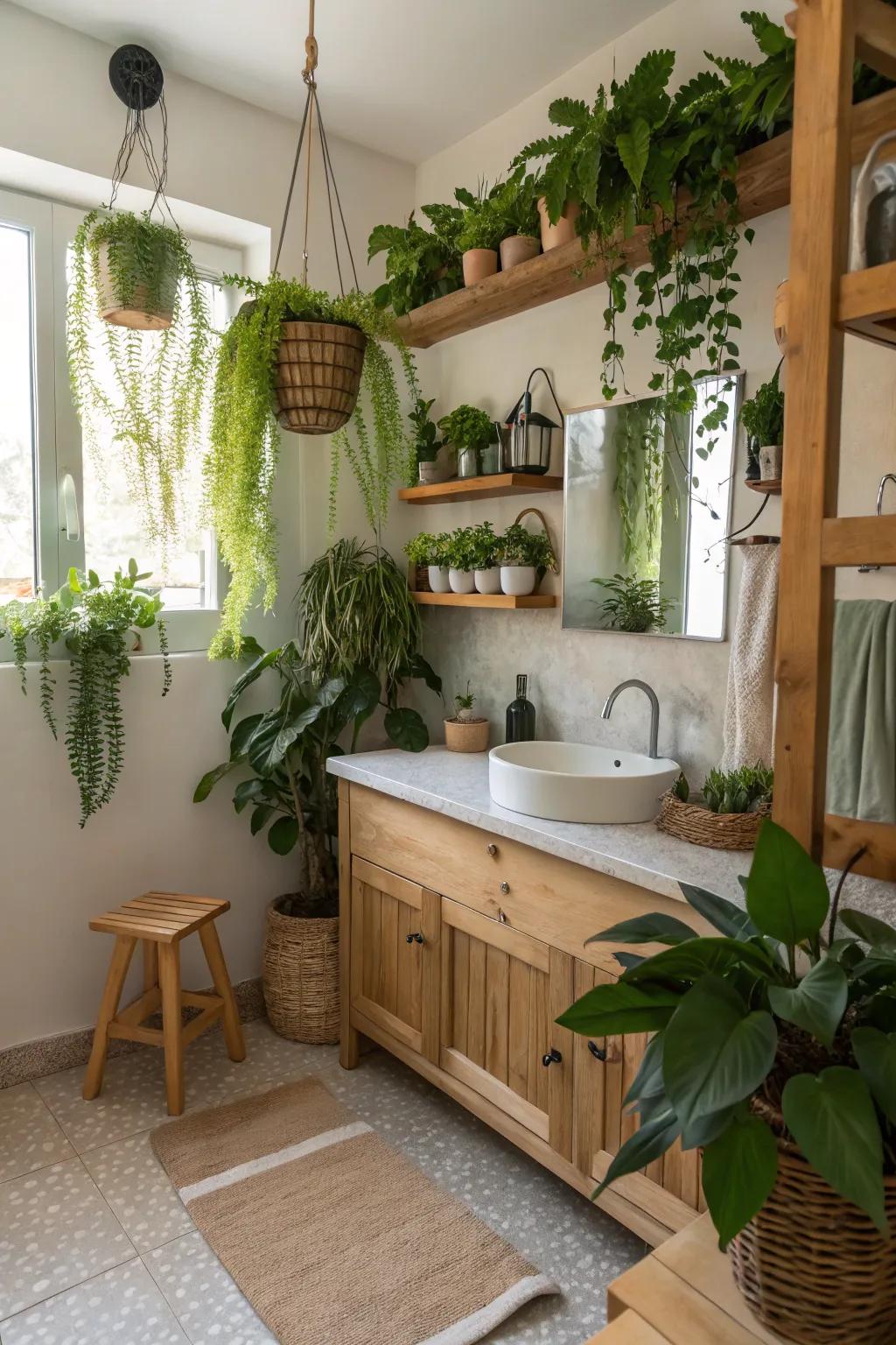 Change your bathroom into a calm, nature-inspired refuge featuring lush plants.
