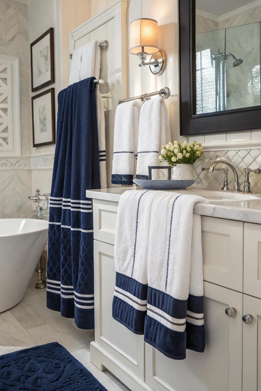 Azure and snow linens infuse enduring elegance into any bathroom.