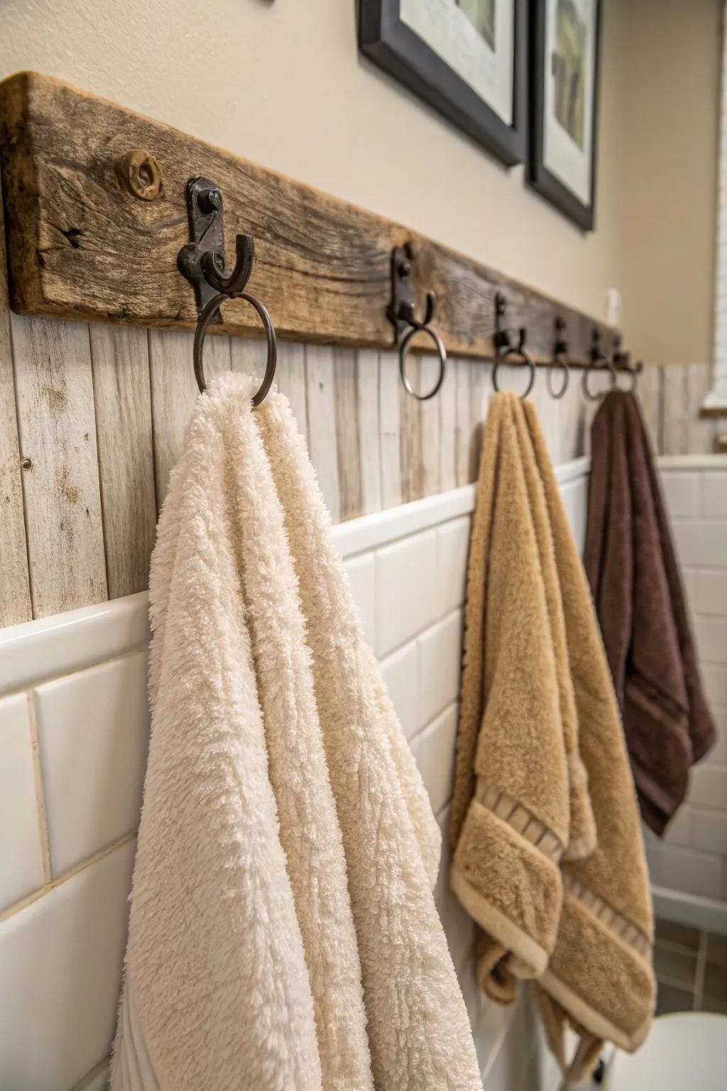 Repurposed timber hooks lend a homespun allure to your bathroom.